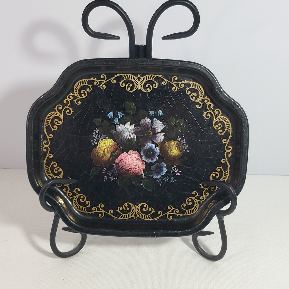 Vintage Elite Trays Made in England Floral Tin Litho Small Scalloped Metal Tray